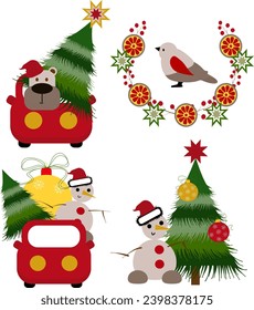 Set of christmas elements, bear in the car, snowman, bird, wreath, Christmas tree, star, Christmas toy ball Clipart