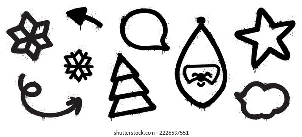 Set of christmas elements black spray paint vector. Graffiti, grunge elements of snowflake, arrow, christmas tree, santa, star on white background. Design illustration for decoration, card, sticker.