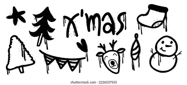 Set of christmas elements black spray paint vector. Graffiti, grunge elements of christmas tree, sock, reindeer, snowman, heart on white background. Design illustration for decoration, card, sticker.