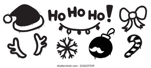 Set of christmas elements black spray paint vector. Graffiti, grunge elements of santa hat, antler, snowflake, bow, bauble on white background. Design illustration for decoration, card, sticker.