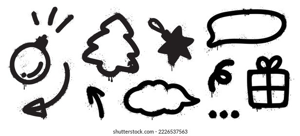 Set of christmas elements black spray paint vector. Graffiti, grunge elements of bauble, arrow, christmas tree, present, star on white background. Design illustration for decoration, card, sticker.