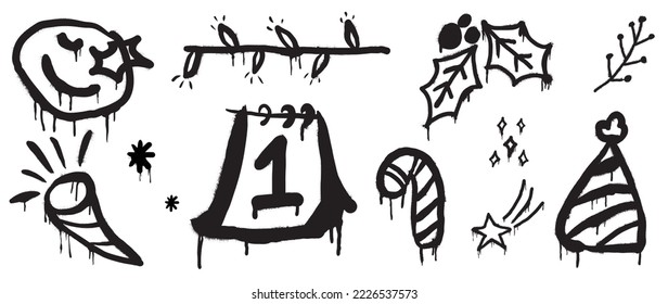 Conjunto de elementos de navidad, vector de pintura de aerosol negro. Graffiti, elementos granulados de alambre claro, hueso, calendario, bastón de caramelo, estrella sobre fondo blanco. Ilustración de diseño para decoración, tarjeta, pegatina.