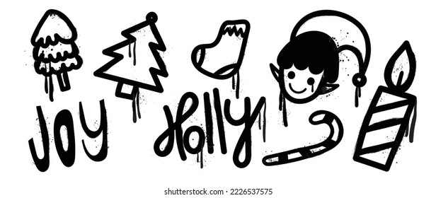 Set of christmas elements black spray paint vector. Graffiti, grunge elements of christmas tree, sock, elf, candy cane, candle on white background. Design illustration for decoration, card, sticker.