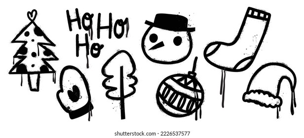 Set of christmas elements black spray paint vector. Graffiti, grunge elements of christmas tree, sock, snowman, santa hat, glove on white background. Design illustration for decoration, card, sticker.