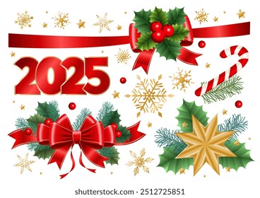 Conjunto de Elementos de Navidades. Arcos, copos de nieve, ramas de abeto, bayas, logotipo del año 2025. Ilustración vectorial gráfica 3D.