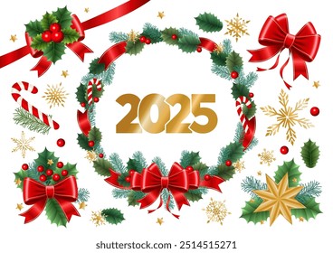 Conjunto de Elementos de Navidades. Arcos, copos de nieve, corona, ramas de abeto, bayas, logotipo del año 2025. Ilustración vectorial gráfica 3D.
