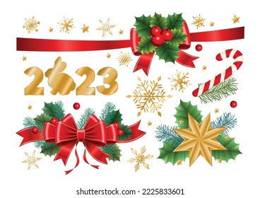 Set of Christmas elements. Bows, wreath, fir branches, 2023 logo with rabbit. 3D vector illustration.