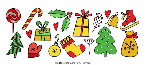 A set of Christmas elements. Boxes with gifts, Christmas trees, a caramel cane, a holly, a branch with berries, a bag with gifts. For the design of websites, greetings, postcards, posters