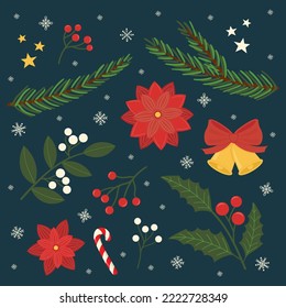 Set of Christmas elements: branches with berries, snowflakes, holly, poinsettia flower, lollipop on a stick, bells and Christmas tree branches. Flat style Christmas illustration on dark background.