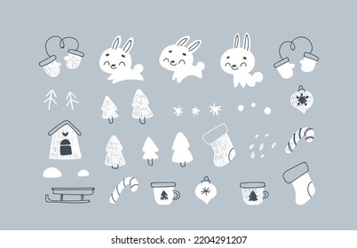 Set Christmas elements: bunny, tree, house, ball, sock, mittens. Vector print for children room, fabric, paper, greeting card, postcard, card, t shirt, poster, textile. Vector illustration