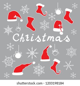 Set of christmas elements. Christmas card with snowflakes. Festive background with Santa Claus hat and stockings.


