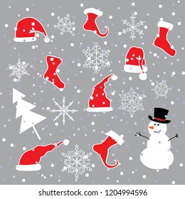 Set of christmas elements. Christmas card with snowflakes. Festive background with Christmas tree, snowman, Santa Claus hat and stockings.
