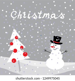 Set of christmas elements. Christmas card with snowflakes. Festive background with Christmas tree and snowman. Christmas tree with red balls.

