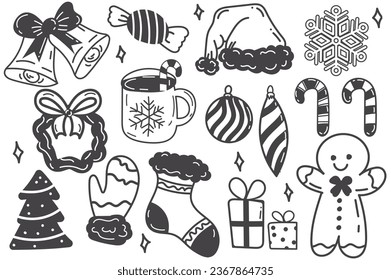Set of Christmas elements in cartoon design. Toys, warm gloves, a Christmas tree - all these symbols of winter holidays are depicted on the illustration in black and white style. Vector illustration.