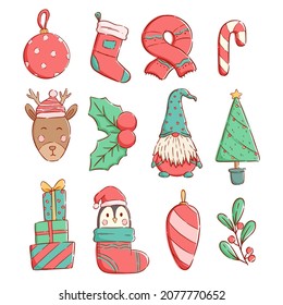 set of christmas elements and character with colorful doodle style