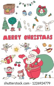 Set of Christmas Elements and Character .Santa Claus, Christmas tree, Blue birds, Rabbit, Gift box, Children, Fairy, and other elements. Vector illustration