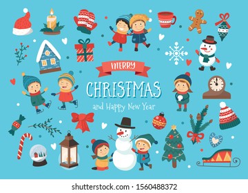 Set of Christmas elements and characters. Children playing in winter. Cute vector illustration in flat style