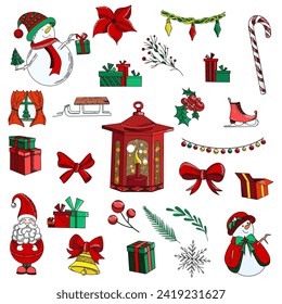 Set of christmas elements clipart, vector illustration, sticker and print, Santa Claus gift.