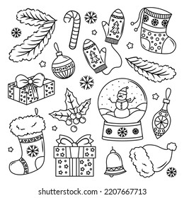 A set of Christmas elements. Colorful vector festive items. Christmas illustration. Christmas decoration clipart. Contour Design for colorings