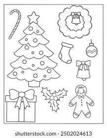 Set of christmas elements for coloring page, christmas elements outline collection,  christmas coloring page activity for kids, christmas sketch black and white 