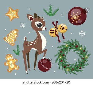Conjunto de elementos de Navidad. Galletas, ciervos, campanas, bolas, guirnaldas, ramas. Ilustración vectorial.