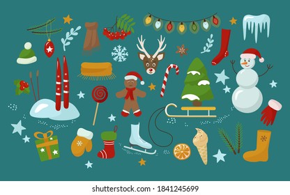 A set of Christmas elements for creating holiday cards and banners. Gingerbread man, felt boots, skis, mountain ash, garland, candy cane, snowman. Vector illustration.