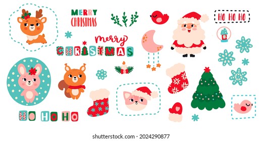 Un conjunto de elementos navideños en un estilo moderno y bonito. Papá Noel, reno, árbol de Navidad y otros objetos decorativos