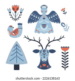 Set of Christmas Elements in Cute Scandinavian Style. Xmas Angel, Tree, Reindeer, Bird and Flowers Isolated on White Background. Funny Folk Style Decor, Icons. Cartoon Vector Illustration