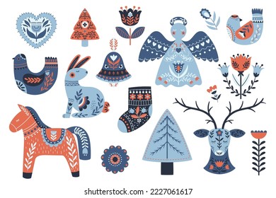 Conjunto de elementos navideños al estilo escandinavo puro. Antecedentes con Ángel de la Navidad, Árbol, Reno y Conejo, Caballo, Pájaro, Flores, Caldo y Corazón Funny Decoración de Estilo Folk. Ilustración del vector de dibujos animados