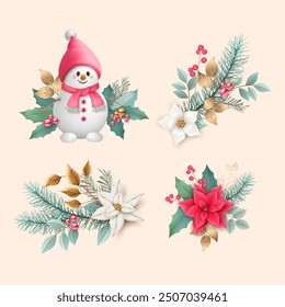 A set of Christmas elements with a cute snowman, poinsettia flowers, fir branches, golden leaves and red berries. Christmas and New Year decorations