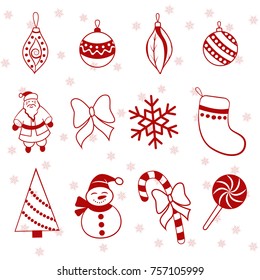 
Set of Christmas elements for decor of cards and design.Year`s objects on a white background. Santa, Christmas tree, snowman, icicle, bow, snowflake, fur-tree toys.