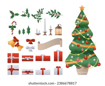 Set of Christmas elements and decorations. Flat vector holiday objects