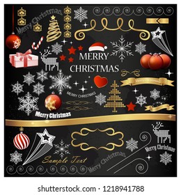 Set of Christmas elements and decorations on a black background