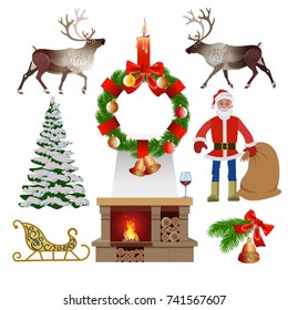 Set of christmas elements and decorations. Vector illustration isolated on white background