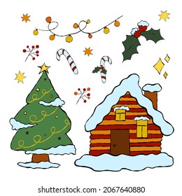 A set of Christmas elements. Christmas decorative design Christmas tree, lanterns, mistletoe, lollipop, house under the snow, red berries.