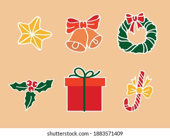 Set of Christmas elements. Christmas decors, star, box, gift, candy, bell , other elements. Christmas elements for stickers, cards, invitations, New Year's decorative elements. Christmas collection