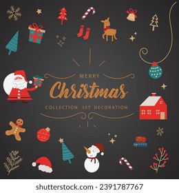 conjunto de elementos de navidad con ciervo, santa, navidad tres edificios, muñeco de nieve, regalo y otros. se utiliza para el elemento de navidad de fondo y tarjeta. Ilustración del vector