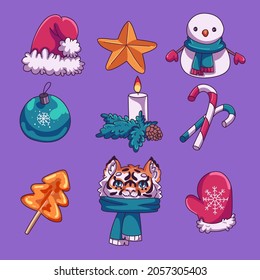 A set of Christmas elements for design or games. New Cute vector icons of hats, stars, snowman, Christmas tree decorations, Christmas candles, Christmas lollipops, tiger cub in a scarf and mittens