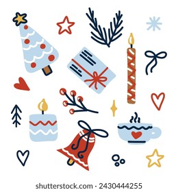 Set Christmas elements for design. Holiday cartoon decoration christmas tree, gift box, candle and gingerbread man