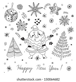A set of Christmas elements for design. Santa Claus, Christmas tree, snowflakes and stars. Vector illustration.