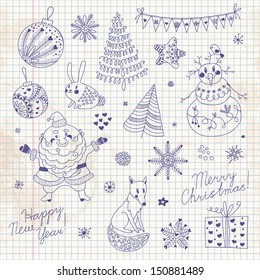 A set of Christmas elements for design. Santa Claus, snowman, Christmas tree, hare, fox, snowflakes and stars. Vector illustration.