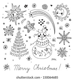 A set of Christmas elements for design. Snowman, Christmas tree, snowflakes and stars. Vector illustration.
