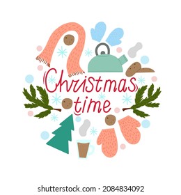 Set of Christmas elements for design. Vector Christmas illustrations and lettering.