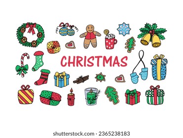 Set of Christmas elements for design, vector doodle illustration. Wreath, cookies and gingerbread, hot chocolate, Christmas balls, candles, bells, gifts, sugar cane, mittens, socks, cinnamon