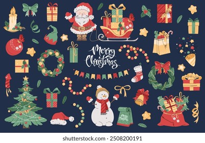 Conjunto de Elementos de Navidades en estilo plano. Ilustración de dibujos animados de Santa Claus, muñeco de nieve, árbol de Navidad, regalos, etc. Ideal para pegatinas, decoración y diseño.