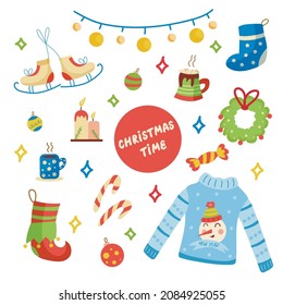 Set of christmas elements. Flat vector illustration with christmas sweater, skates, christmas wreath, balls, garland, cocoa, candles, candies, christmas sock, snowman. Happy New Year set.