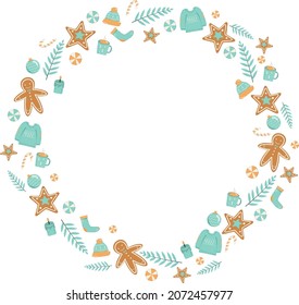 A set of Christmas elements in the form of a wreath - a Christmas tree, hat, socks, sweater, striped lollipops, twigs, gingerbread man, cup of cocoa, star cookie, сhristmas tree toy, candle