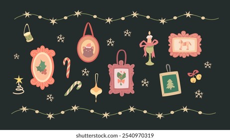 A set of Christmas elements. Framed paintings, Christmas cards, toys.