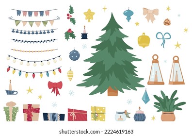 Un conjunto de elementos navideños. Regalos y decoración navideños. 