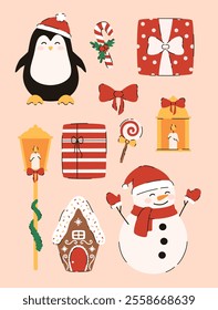 Set of Christmas elements. Gifts, gingerbread house, lantern, candle, penguin, snowman. Flat vector illustration.